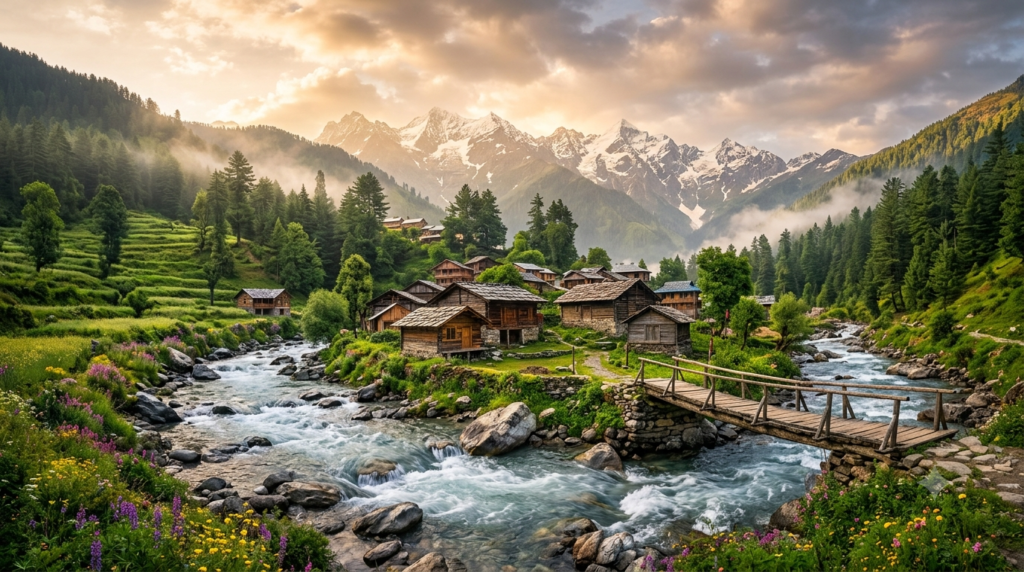 Jibhi Tirthan Valley tour package showcasing traditional wooden cottages, flowing mountain river, pine forests, alpine meadows, and majestic Himalayan peaks in Himachal Pradesh.