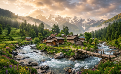 Jibhi Tirthan Valley tour package showcasing traditional wooden cottages, flowing mountain river, pine forests, alpine meadows, and majestic Himalayan peaks in Himachal Pradesh.