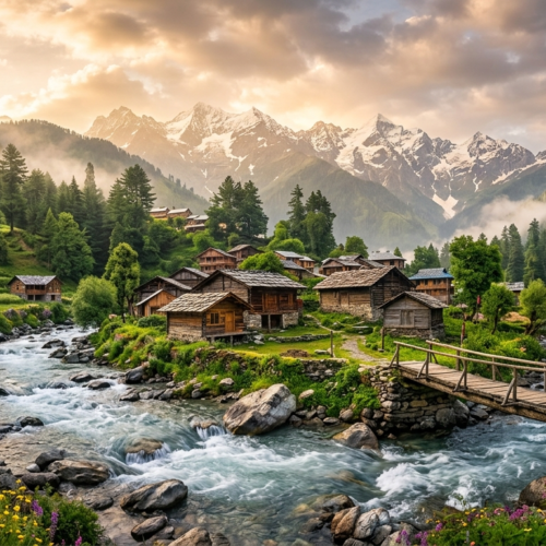 Jibhi Tirthan Valley tour package showcasing traditional wooden cottages, flowing mountain river, pine forests, alpine meadows, and majestic Himalayan peaks in Himachal Pradesh.