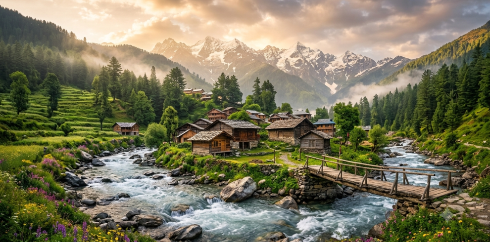 Jibhi Tirthan Valley tour package showcasing traditional wooden cottages, flowing mountain river, pine forests, alpine meadows, and majestic Himalayan peaks in Himachal Pradesh.