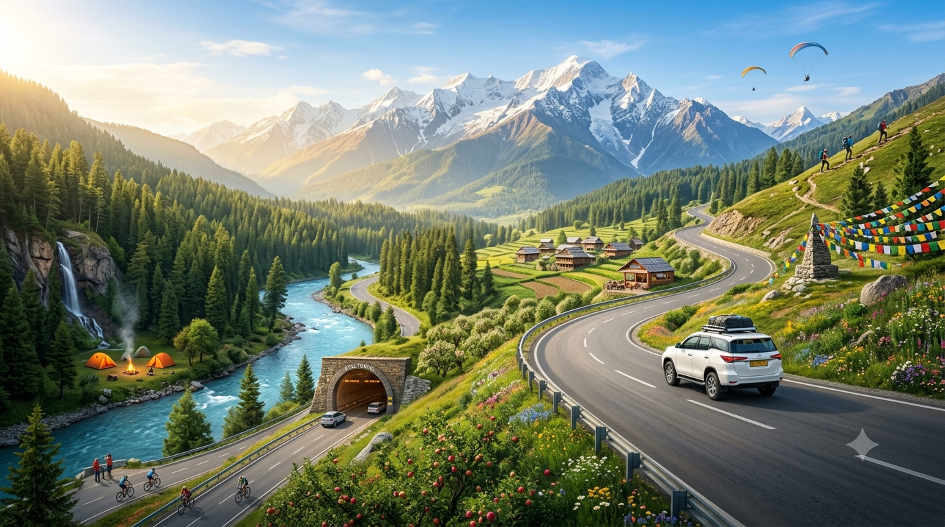 Delhi and Chandigarh to Himachal Pradesh road trip through scenic mountain roads, rivers, pine forests and snow-capped peaks.